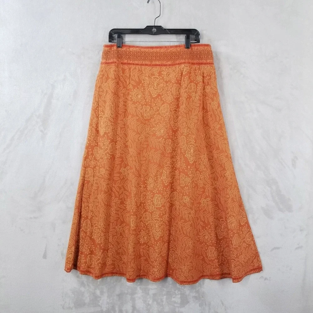 The Territory Ahead Womens 16‎ Rust Orange Floral Cotton Midi Skirt Crochet Trim
